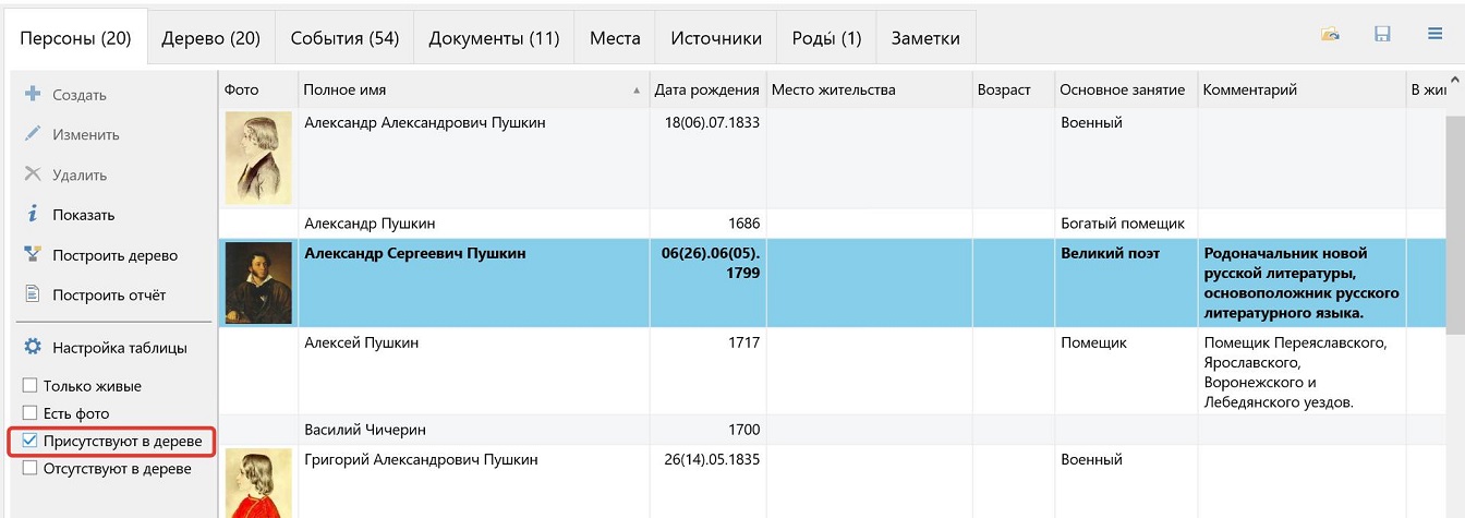 фильтр Присутствуют в дереве