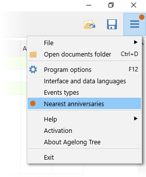 Nearest events anniversaries in the All actions menu