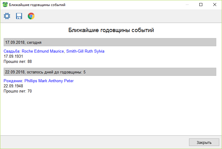 Отчёт о ближайших годовщинах