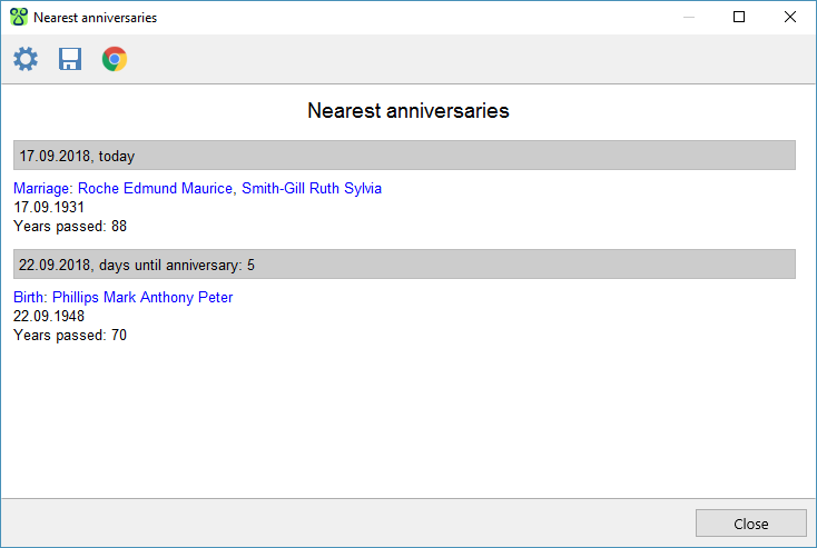 Nearest anniversaries report