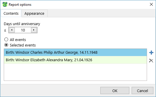 Nearest anniversaries report options window